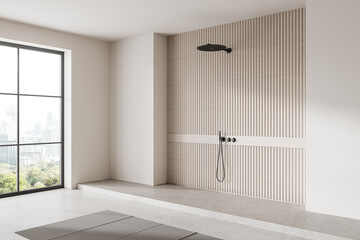 Minimalist home bathroom interior with shower and panoramic window