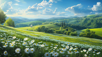 Panoramic view of a serene, lush pastoral landscape during spring and summer. - obrazy, fototapety, plakaty