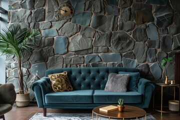 Plush velvet sofa set against textured stone paneling in contemporary living room design