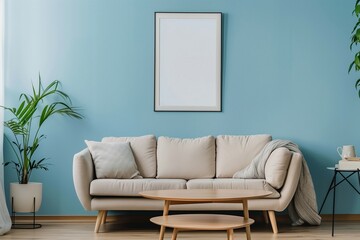 Scandinavian-inspired modern living room design showcasing a cozy sofa paired with a wooden coffee table, positioned against a serene blue wall adorned with a stylish poster