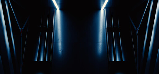 Sci Fi Neon Alien Spaceship Corridor Tunnel Underground Cement Concrete Metal Glossy Elements Realistic Cyber Background Showroom Parking Triangle Doors Hangar 3D Rendering - 784293340