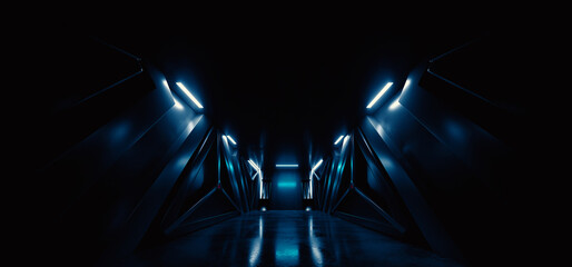 Sci Fi Neon Glowing Blue Alien Spaceship Corridor Tunnel Underground Cement Concrete Metal Glossy Realistic Cyber Background Showroom Parking Triangle Doors Hangar 3D Rendering - 784293363