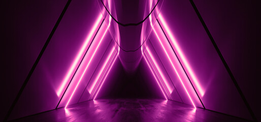Cyber Triangle Neon Laser Glowing Dark Sci Fi Futuristic Led Purple Lights Tunnel Corridor Cement Concrete Spaceship Parking Underground Background Warehouse 3D Rendering Illustration - 784293364