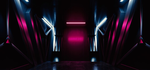 Sci Fi Neon Glowing Led Alien Spaceship Corridor Tunnel Underground Cement Concrete Metal Elements Realistic Cyber Background Showroom Parking Triangle Doors Hangar 3D Rendering - 784293367