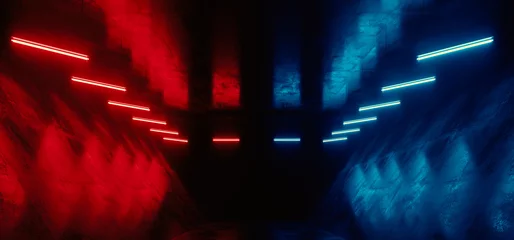 Cyber Sci Fi Neon Fluorescent Club House Laser electric Grunge Cement Concrete Grunge Purple Blue Vibrant Hangar Room Studio Space Realistic Background 3D Rendering © IM_VISUALS