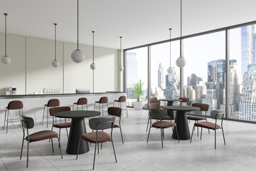 A modern cafe interior with stylish furniture overlooking a cityscape, situated on a light-toned floor, showcasing an urban concept. 3D Rendering - obrazy, fototapety, plakaty