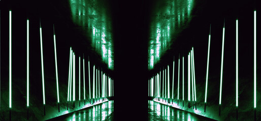 Neon Sci Fi Futuristic Neon Fluorescent  Tube Lights Glowing Cyber Tunnel Corridor Grunge Glossy Concrete Cement Room Studio Showcase Laser Electric Dark Background 3D Rendering - 784293555