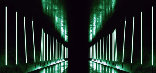 Neon Sci Fi Futuristic Neon Fluorescent  Tube Lights Glowing Cyber Tunnel Corridor Grunge Glossy Concrete Cement Room Studio Showcase Laser Electric Dark Background 3D Rendering © IM_VISUALS