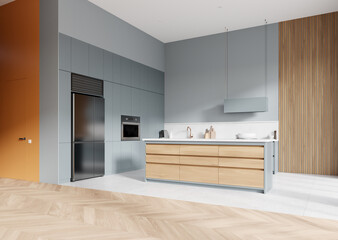 Colored home kitchen interior with cooking area and bar counter, refrigerator