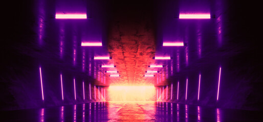 Neon Sci Fi Futuristic Neon Fluorescent Purple Tube Lights Glowing Cyber Tunnel Corridor Grunge Glossy Concrete Cement Room Studio Showcase Laser Electric Dark Background 3D Rendering - 784293558