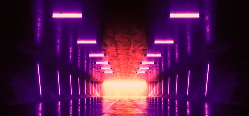 Neon Sci Fi Futuristic Neon Fluorescent Purple Tube Lights Glowing Cyber Tunnel Corridor Grunge Glossy Concrete Cement Room Studio Showcase Laser Electric Dark Background 3D Rendering © IM_VISUALS