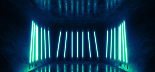 Neon Sci Fi Futuristic Neon Fluorescent Tube Lights Glowing Cyber Tunnel Corridor Grunge Glossy Concrete Cement Room Studio Showcase Laser Electric Dark Background 3D Rendering - 784293559
