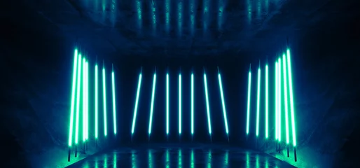 Neon Sci Fi Futuristic Neon Fluorescent Tube Lights Glowing Cyber Tunnel Corridor Grunge Glossy Concrete Cement Room Studio Showcase Laser Electric Dark Background 3D Rendering © IM_VISUALS