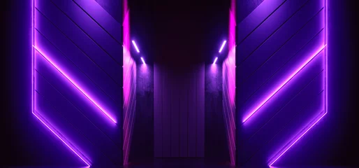 Neon Led Laser Electric Violet Blue Glowing Sci Fi Futuristic Hangar Tunnel Corridor Underground Cement Concrete Realistic Cyber Alien Spaceship Background 3D Rendering © IM_VISUALS