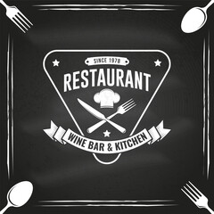Restaurant shop, menu on the chalkboard. Vector Illustration. Vintage graphic design for logotype, label, badge with chef hat, fork and knife. Cooking, cuisine logo for menu restaurant or cafe. - 784293710