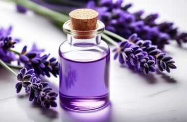 Lavender Oil In Bottle ,Bottle Of Liquid,Bottle Of Essential Oil With Fresh Flowering Lavender...
