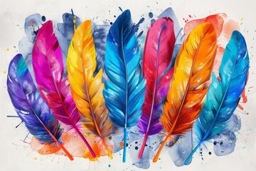 colorful watercolor feathers used as background - 784293903