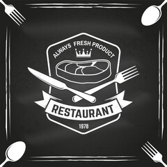 Restaurant shop, menu on the chalkboard. Vector Illustration. Vintage graphic design for logotype, label, badge with steak, fork and knife. Cooking, cuisine logo for menu restaurant or cafe. - 784293909