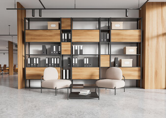 Office chill zone interior with two armchairs and shelf, meeting space