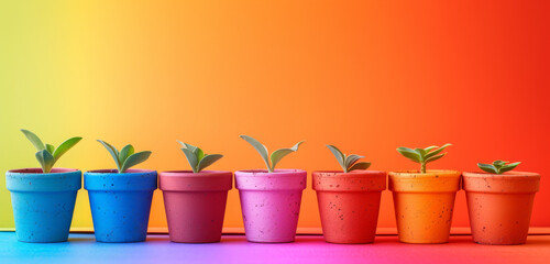 Row of potted plants against an orange gradient sunrise background. - obrazy, fototapety, plakaty