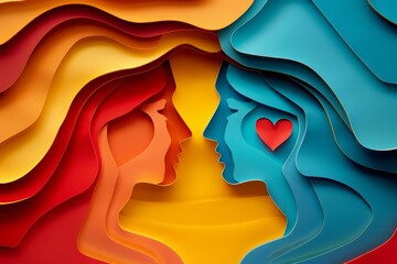 woman and man head, love, paper illustration, multi dimensional colorful paper cut craft
- 784294338