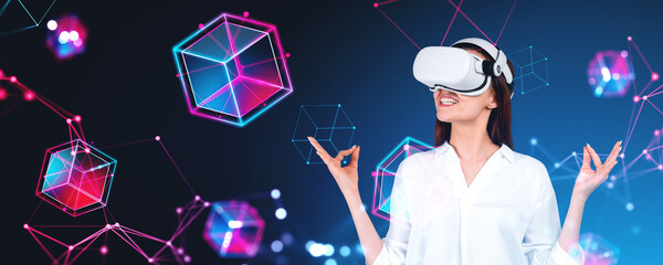 Positive young European businesswoman meditating wearing VR helm - Powered by Adobe