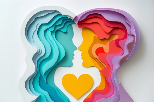 woman and man head, love, paper illustration, multi dimensional colorful paper cut craft
