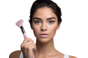 Model using a makeup brush ,Isolated on a transparent color background.