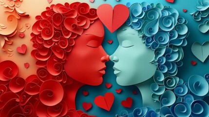 woman and man head, love, paper illustration, multi dimensional colorful paper cut craft
- 784294580