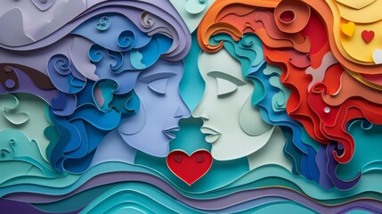 woman and man head, love, paper illustration, multi dimensional colorful paper cut craft
- 784294582
