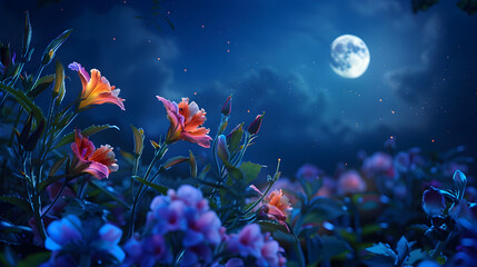 Fototapeta na wymiar A Majestic Nighttime Display of Nyctinasty - Blooming Flowers Beneath Moonlight