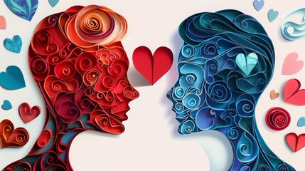 woman and man head, love, paper illustration, multi dimensional colorful paper cut craft
- 784294717