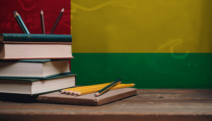 Books and pencils in classroom on the background of the Guinea-Bissau flag. Concept of education, back to school
