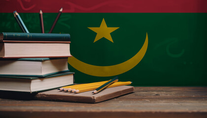 Books and pencils in classroom on the background of the Mauritania flag. Concept of education, back to school