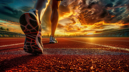 Close-Up of a Runner's Shoes on Track Field at Dramatic Sunset - obrazy, fototapety, plakaty