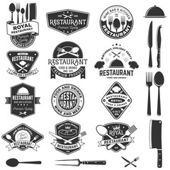 Set of Restaurant logo. Vector Illustration. Vintage graphic design for logotype, label, badge with plate, steak, cloche with lid, fork and knife. Cooking, cuisine logo for menu restaurant or cafe. - 784295197