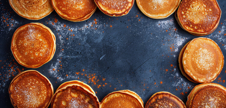 A border made out of freshy made pancakes and sugar dusting.