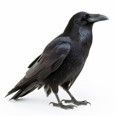 A detailed profile view of a black raven standing isolated on a white background, symbolizing mystery and intelligence.