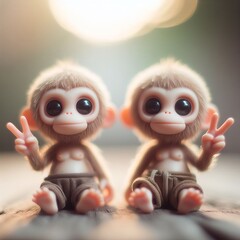 Fototapeta premium Two cute monkey figurines making peace signs, with a soft-focus background.. AI Generation
