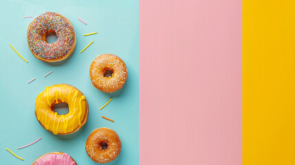 Glazed donuts with sprinkles lie on multi-colored background. With copy space. Photo from above