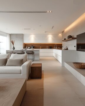 Contemporary Seamless Kitchen and Living Space with Natural Tones. This image captures the essence of modern living with a seamless kitchen and living area design. The space is highlighted by natural