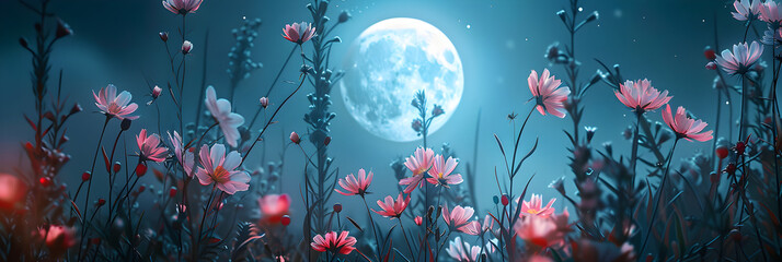 A Majestic Nighttime Display of Nyctinasty - Blooming Flowers Beneath Moonlight
