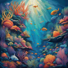 Fototapeta na wymiar Aqua Symphony: Colorful Underwater Wonderland Alive with Marine Life