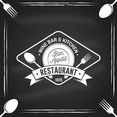 Restaurant shop, menu on the chalkboard. Vector Illustration. Vintage graphic design for logotype, label, badge with empty plate, fork and spoon. Cooking, cuisine logo for menu restaurant or cafe. - 784296580