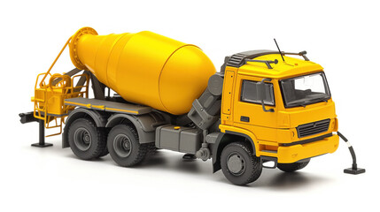 Detailed yellow cement mixer truck toy model on a white background. - obrazy, fototapety, plakaty