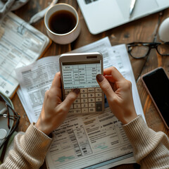 Naklejka premium A person holding an iPhone and doing calculations on the calculator screen