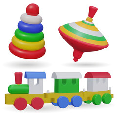 Set of retro kinds Toys. Colored rotated games for kids gyroscope twirl, train, locomotive on rails, pyramid. 3d Vector illustration. Most classic toys in the past. - 784297303