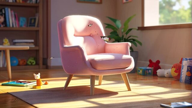 a pink chair in a room