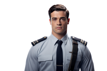 Male pilot wearing pilot uniform, Isolated on transparent background.
