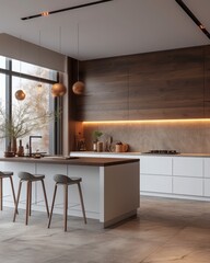 Warm wood tones and elegant modernity: harmonious kitchen design with ambient lighting